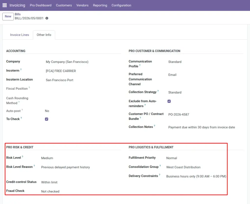 Risk, credit & delivery on invoices