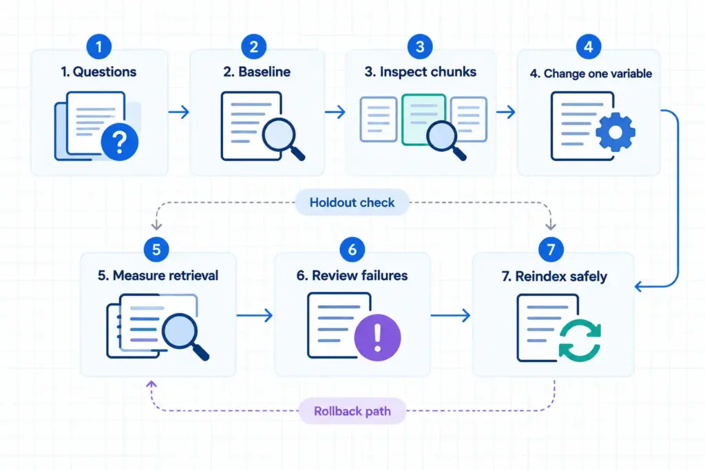 RAG chunking evaluation workflow from representative questions to retrieval review and safe reindexing