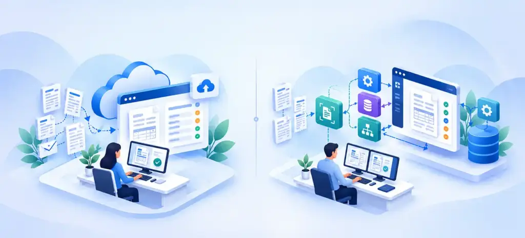 Conceptual comparison of a packaged invoice automation application and a modular custom ERP integration architecture