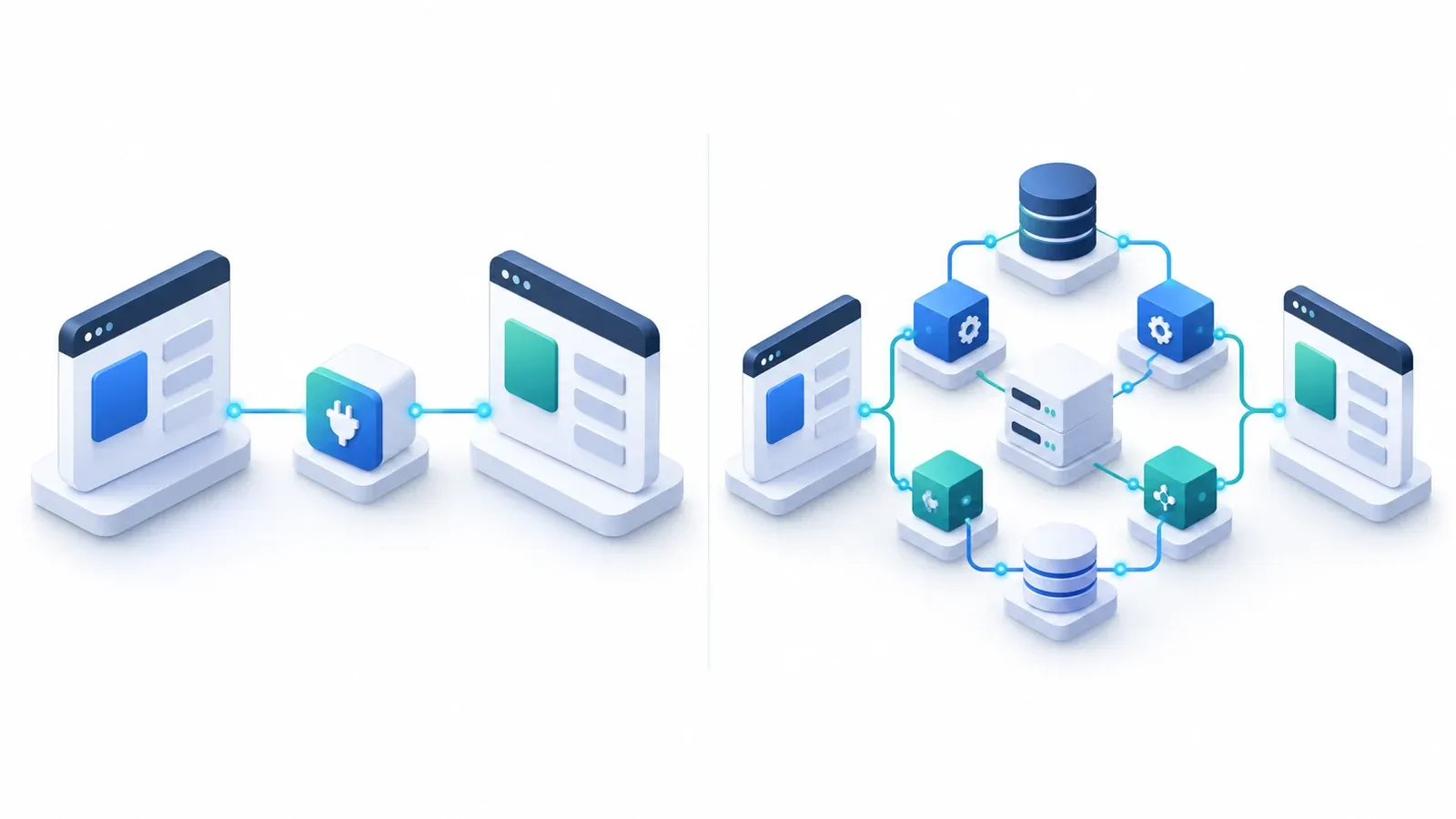Odoo Shopify Integration Cost: Connector vs Custom Integration Side-by-side illustration of a ready-made single connector compared with modular custom software integration architecture.